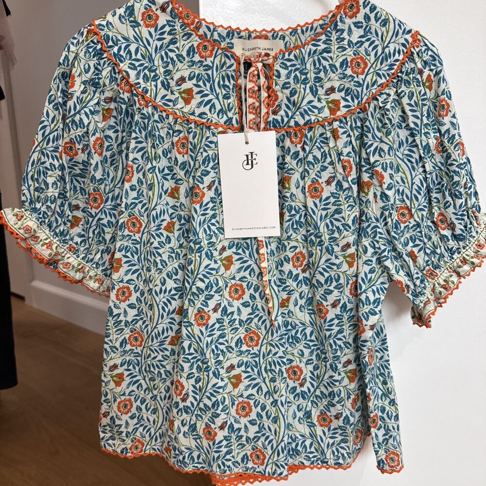 Elizabeth James Women’s Floral Blouse Blue Orange Short Sleeve Tie Neck NWT